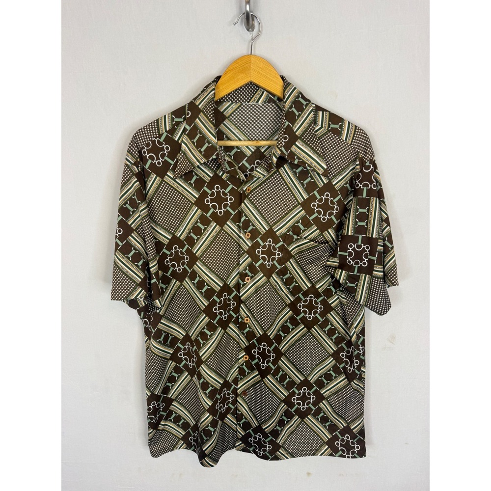 Vintage‎ 70s Geometric Disco Shirt Brown Green Equestrian Chain Print Mens Large